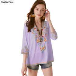 KHALEE YOSE Floral Embroidery Blouse Shirts Boho Vintage Chic Mexican Autumn Blouse Women 2 3xl Ethnic Hippie Shirt Blouse