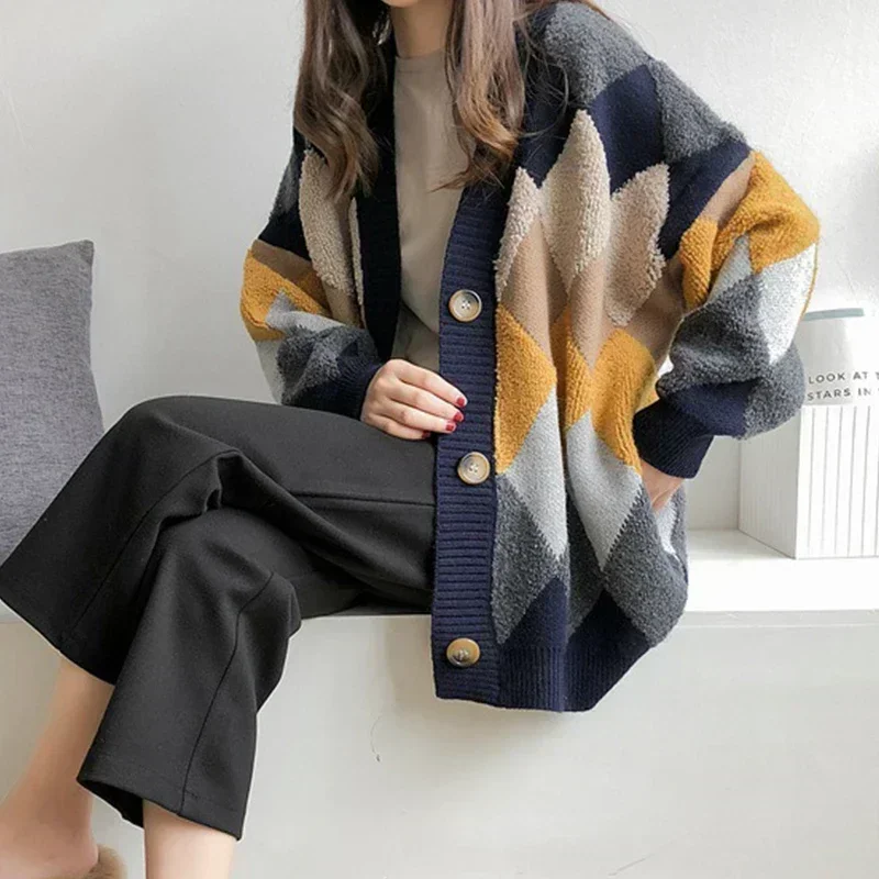 Autumn Long Sleeve Plaid Cardigans Women Korean Loose Checkered Button Sweaters Winter Woman Warm Sweater Oversized Streetwear