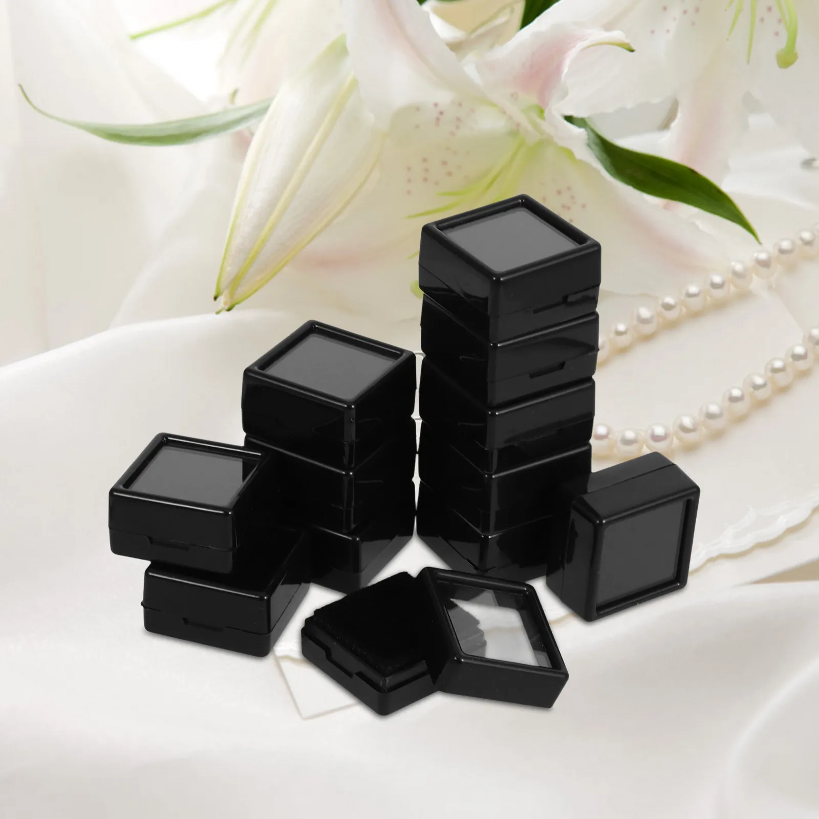 

12Pcs Gemstone Display Box Jewelry Case Black 1.1x1.1x0.65 Inch Clear Acrylic with Glass Top for Mineral Storage