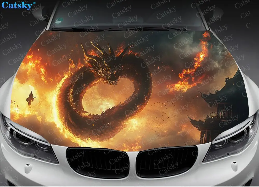 Burning Flame Dragon Car Hood Vinyl Stickers Wrap Vinyl Film Engine Cover Decals Universal Auto Accessories Hood Protective Film