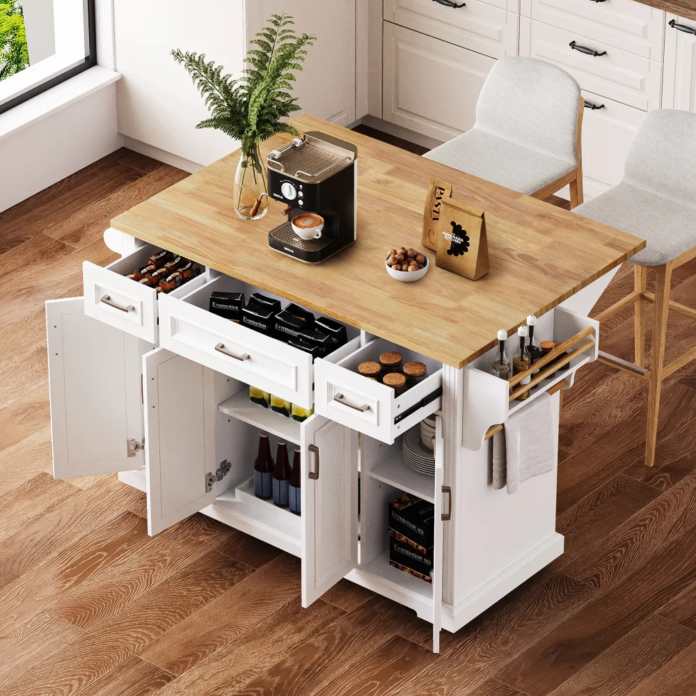 

Kitchen Island with Rubber Wood Drop Leaf - Storage,Island Table on Wheels，Spice Rack,Towel Rack,Cabinet，Drawers for Dining Room