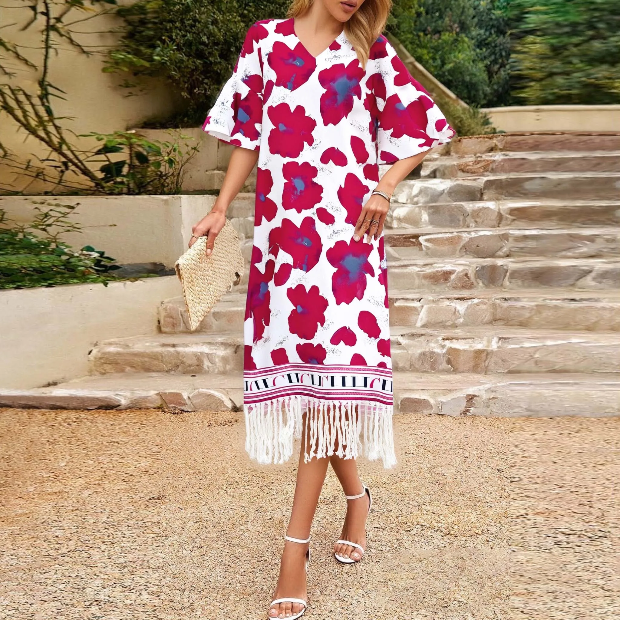 

2025 Women Dress Lotus Leaf Short Sleeved Loose Maxi Dress V Neck Straight Tube Dress Fashion Fringe Skirt Hem Female Dresses