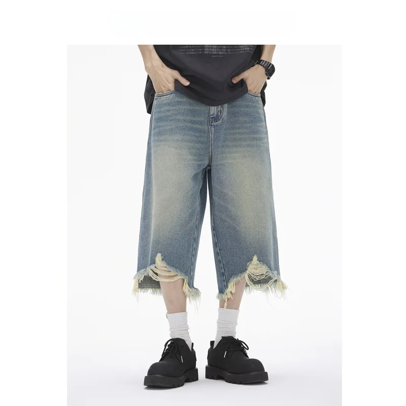 

Американские ретро-джинсы с эффектом потертости, повседневные летние, с высокой талией, прямые, мужские, длинные брюки, молодежные, свободного кроя, стильные, прохладные, комфортные