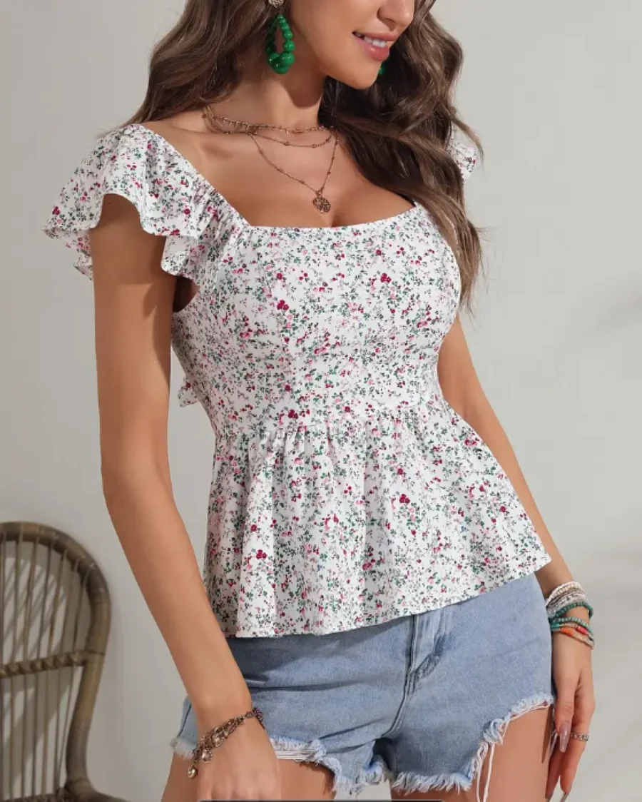 

Ladies summer new floral lace-up square neck slim fit vacation style high-end sense shirt top