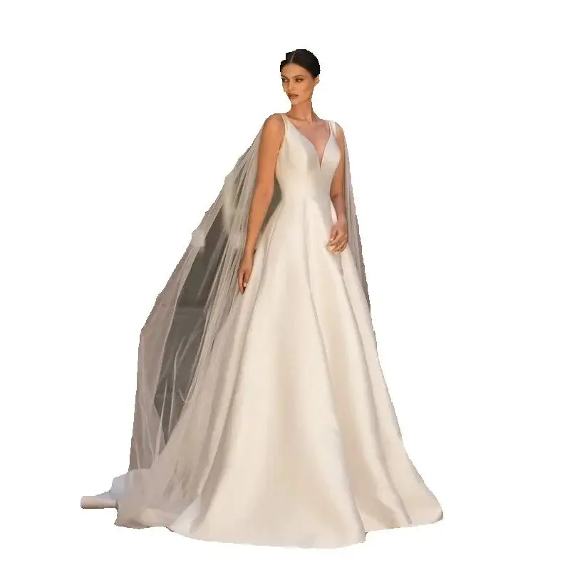 Robe de mariée Sexy en Satin, col en v, Simple, sans manches, dos nu, ligne a, robe de mariée blanche, personnalisation