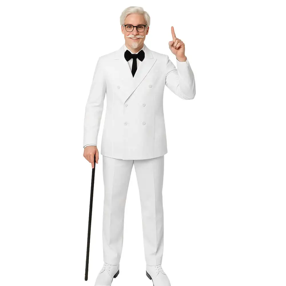 

Colonel Sanders Cosplay Costume Kentucky Fried Chicken White Suit Coat Shirt Tie Pants Theme Party Takerlama