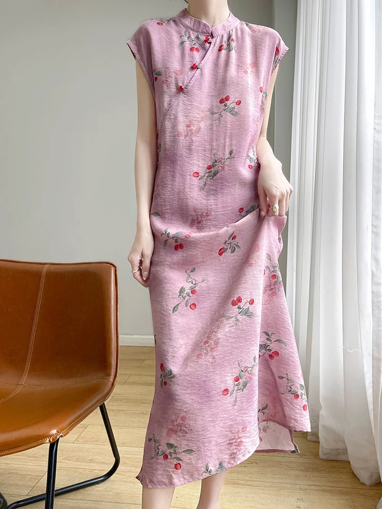 Novo chinês sle reformado dr feminino verão fino cetim impressão saia longa efeito de emagrecimento sob cerejeira