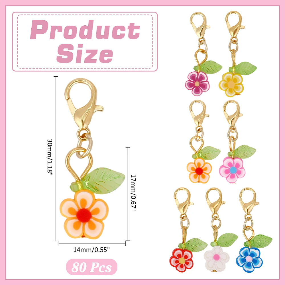 80Pcs Flower Stitch Markers Charms Handmade Polymer Clay Pendant Decorations Alloy Lobster Claw Clasps Charms Knitting Crochet
