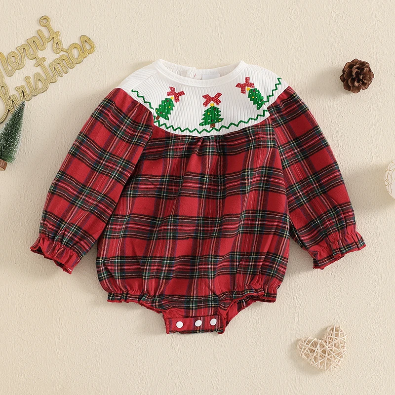 0-18M Baby Girl Christmas Romper Plaid Print Patchwork Ruffled Long Sleeve Tree Bow Crew Neck Bubble Jumpsuit for Fall