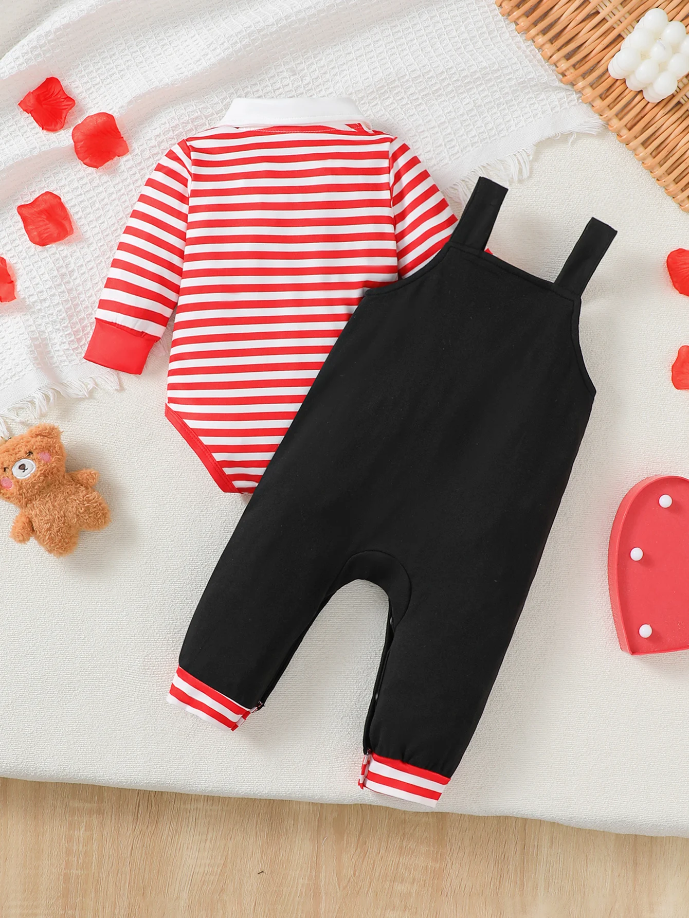 Valentine's Day Baby Boy Suit Set Long Sleeve Onesie + Tie + Bear Print Overalls Casual Comfortable Little Gentleman 3PCS Set