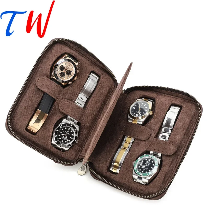 4 Slots Personalized Customized Logo gift Classic Retro Zipper Genuine Leather Watch Organizer Storage Case Box Packaging OEM