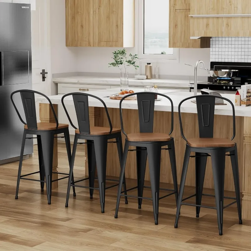 

26" Swivel Metal Bar Stools Set of 4 High Back Counter Height Barstools Industrial Dining Bar Chairs with Large Wooden Seat