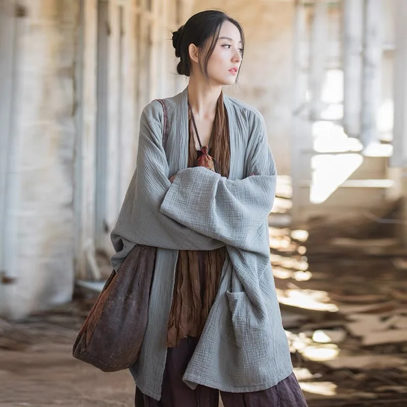 Loose Cotton Linen Women's New Style Textured Open Cardigan Tea Clothes Tai Chi Zen Study Artistic Outerwear Chinese Style Coat