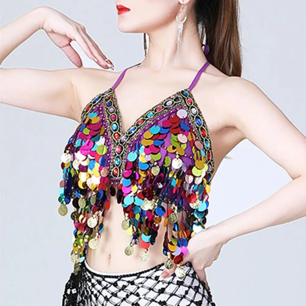 

Women Sequin Tassel Bra Top Halter Neck Backless Sleeveless Belly Dance Boho Festival Top Tribal Bra Performance Exotic Crop Top