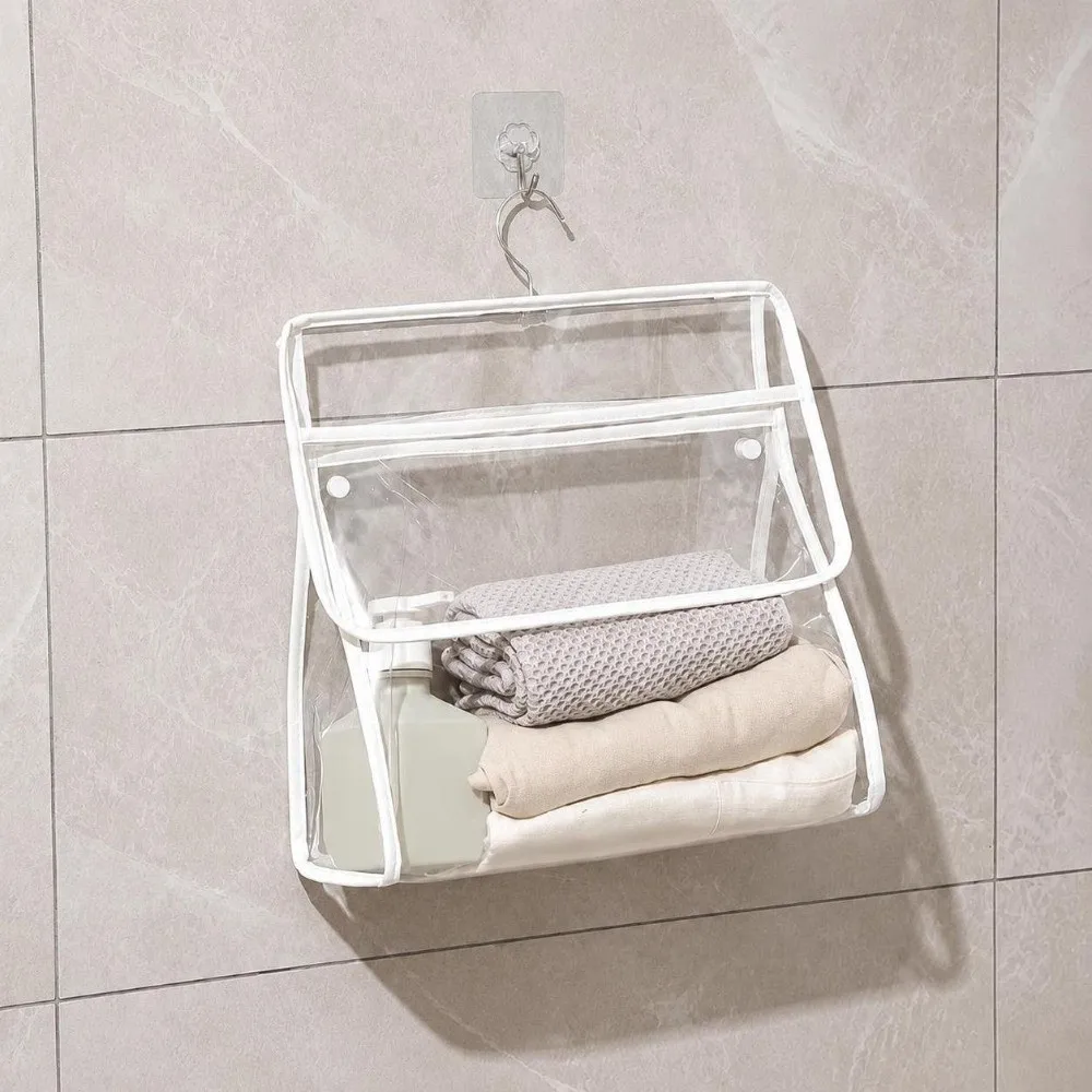Waterproof Hanging Clothes Bag Transparent Touchscreen Phone Pocket Bathroom Storage Bag Large Capacity Shower Clothes Organizer
