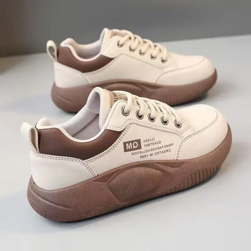 Women's Fashion Color Block Platform Sneakers, Spring Breathable Leather Lace-Up Casual Shoes, Suitable for Walking and Travel