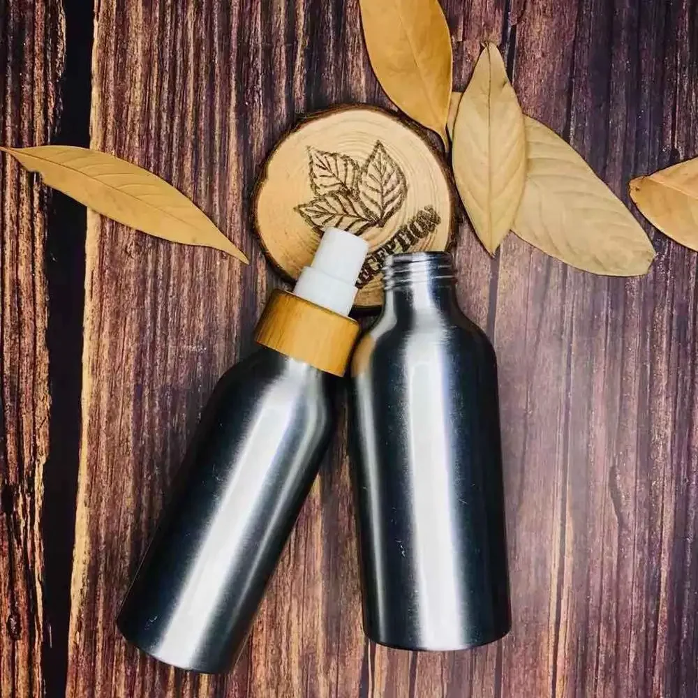 

whosesale Aluminium Spray Atomiser Bottle Empty recycle Refillable Empty Bottles Black bamboo Pump AtomizerCosmeticPackagingTool