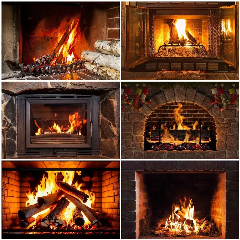

Christmas Fireplace Backdrop Wood Burning Flame Backgrounds Supplies Home Decor Brick Fire Banner Photography Props Family Gifts