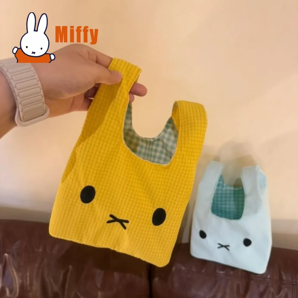 Kawaii Miffy Handbag Cute Rabbit Bento Bag Wristlet Tote Plaid Grid Embroidery Canvas Cosmetic Makeup Lunch Commute Gift