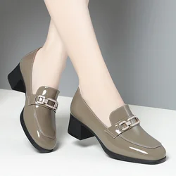 Spring Autumn Ladies Pumps Shallow Shoes Patent Leather Soft Sole Crystal High Heels  Loafers Fashion Breathable Single Shoe