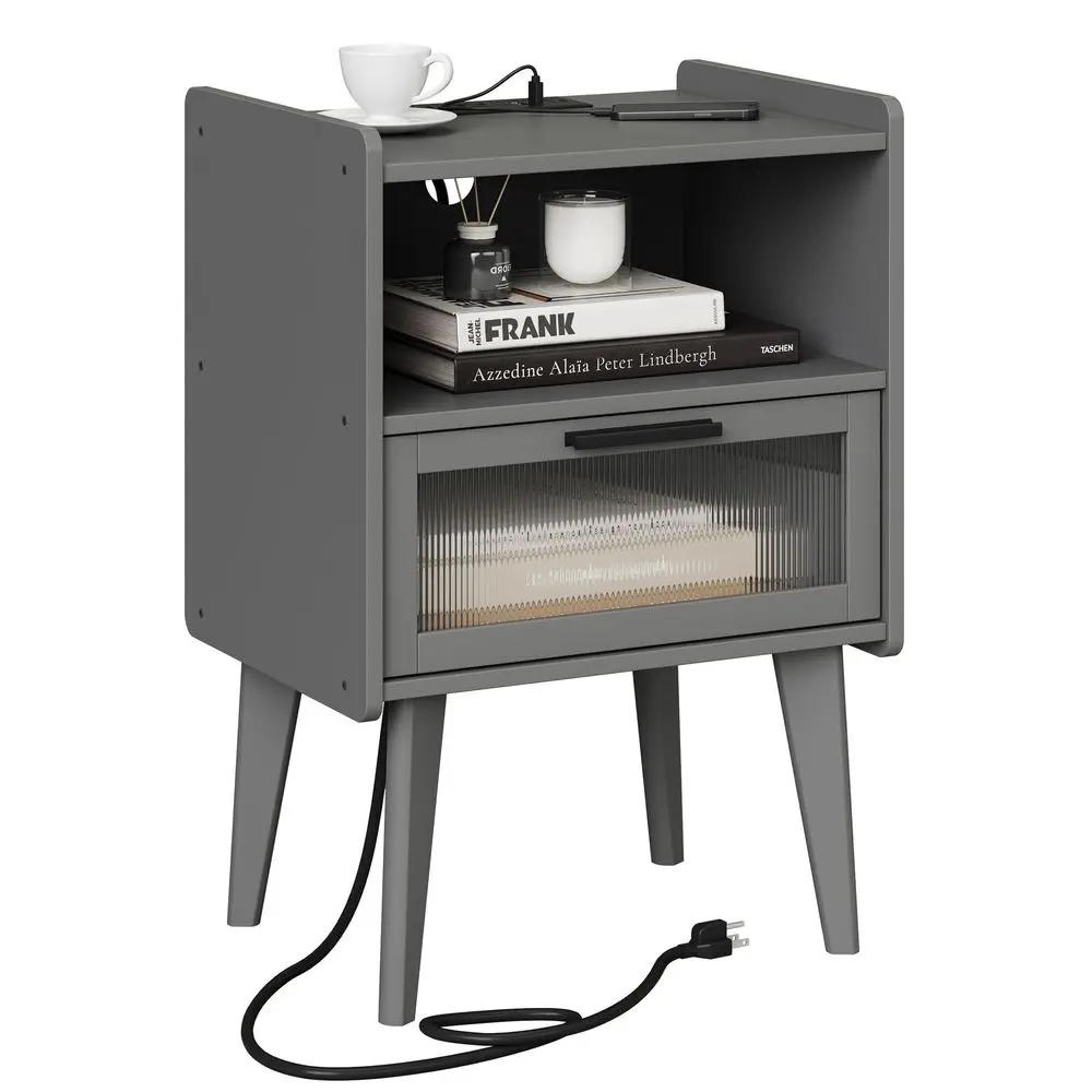 

Прикроватная тумбочка с зарядной станцией, серый прикроватный столик с 2-уровневым хранилищем, для спальни и гостиной