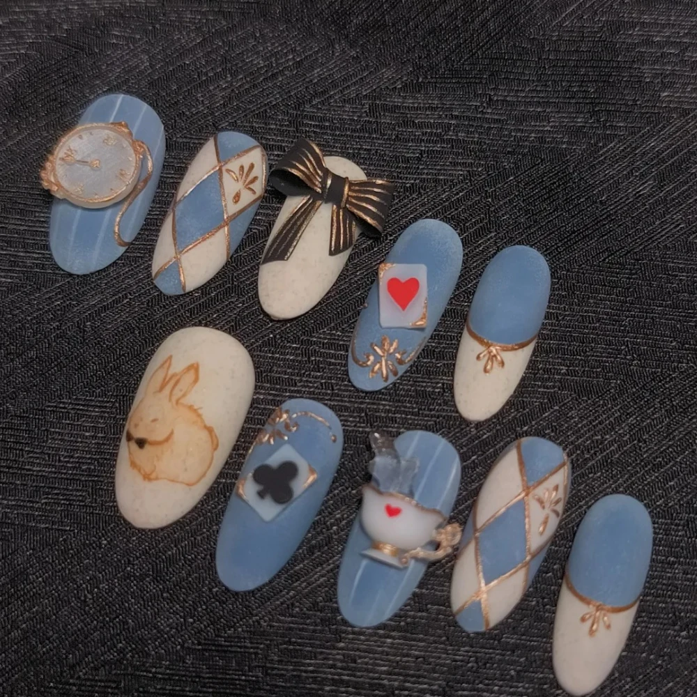 10 Pcs Handmade Press On Nails New Christmas and Valentine's Day Cute Rabbit Medium Oval Fake Nails Design Art for Women Gift