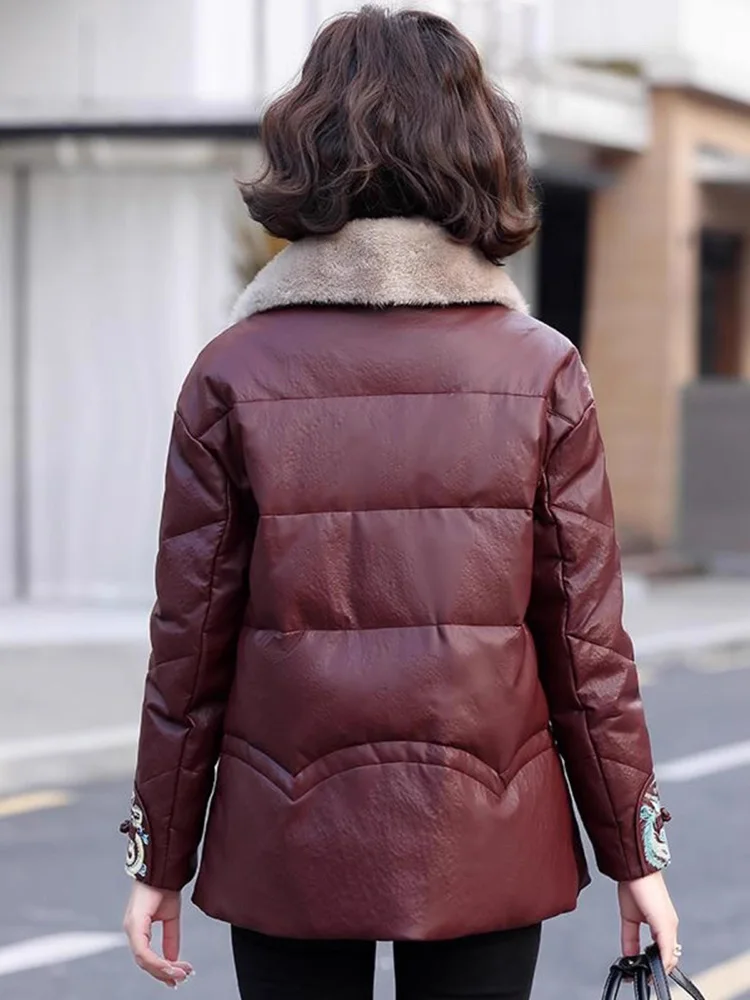 New Women Autumn Winter Chinese Style Leather Down Jacket Fashion Fox Fur Collar Frog Loose Down Jacket Casual Thick Warm Coat