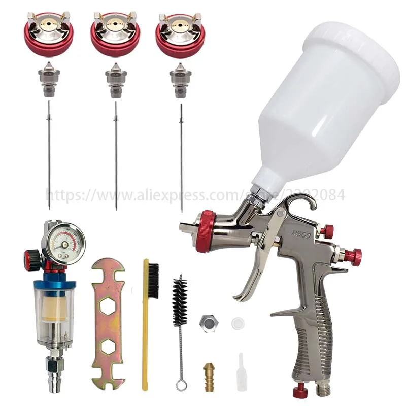 LVLP R500 Spray Gun and Air Regulator Gauge Oil-Water Separator Filter 600CC 1.3/1.5/1.7/2.0mm Nozzle Spray Gun Paint