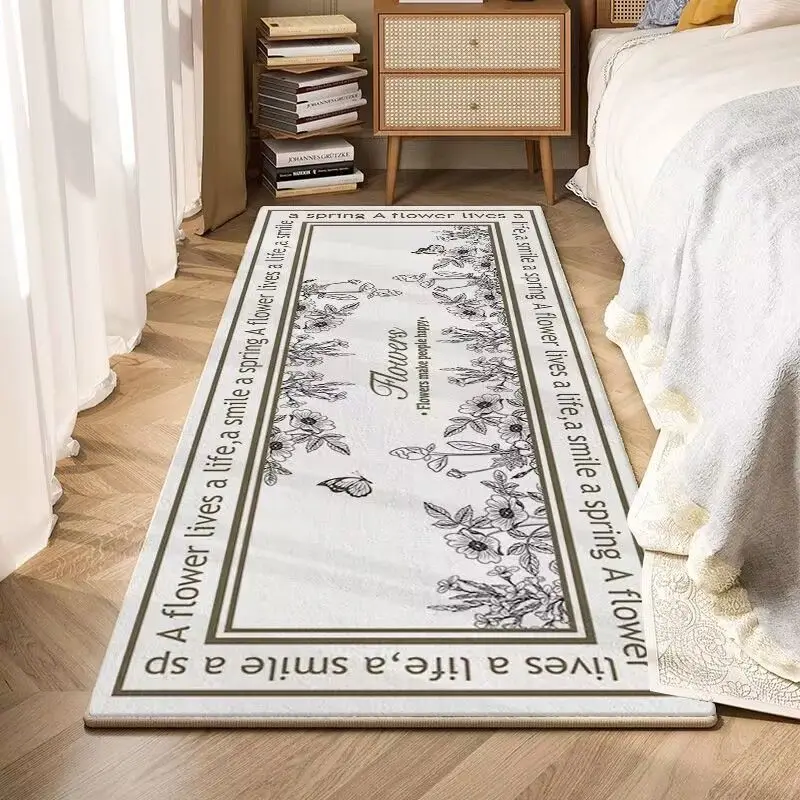 Retro Ins English Flower Plush Long Carpet Bedside Runner Non Slip Living Room Bedroom Hallway Study Bay Window Home Decor