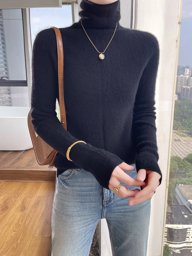 Suéter de cachemira para mujer, jersey ajustado con cuello de pila, Otoño Invierno, 100% de lana merina, capa Base, prendas de punto, Tops suaves populares coreanos