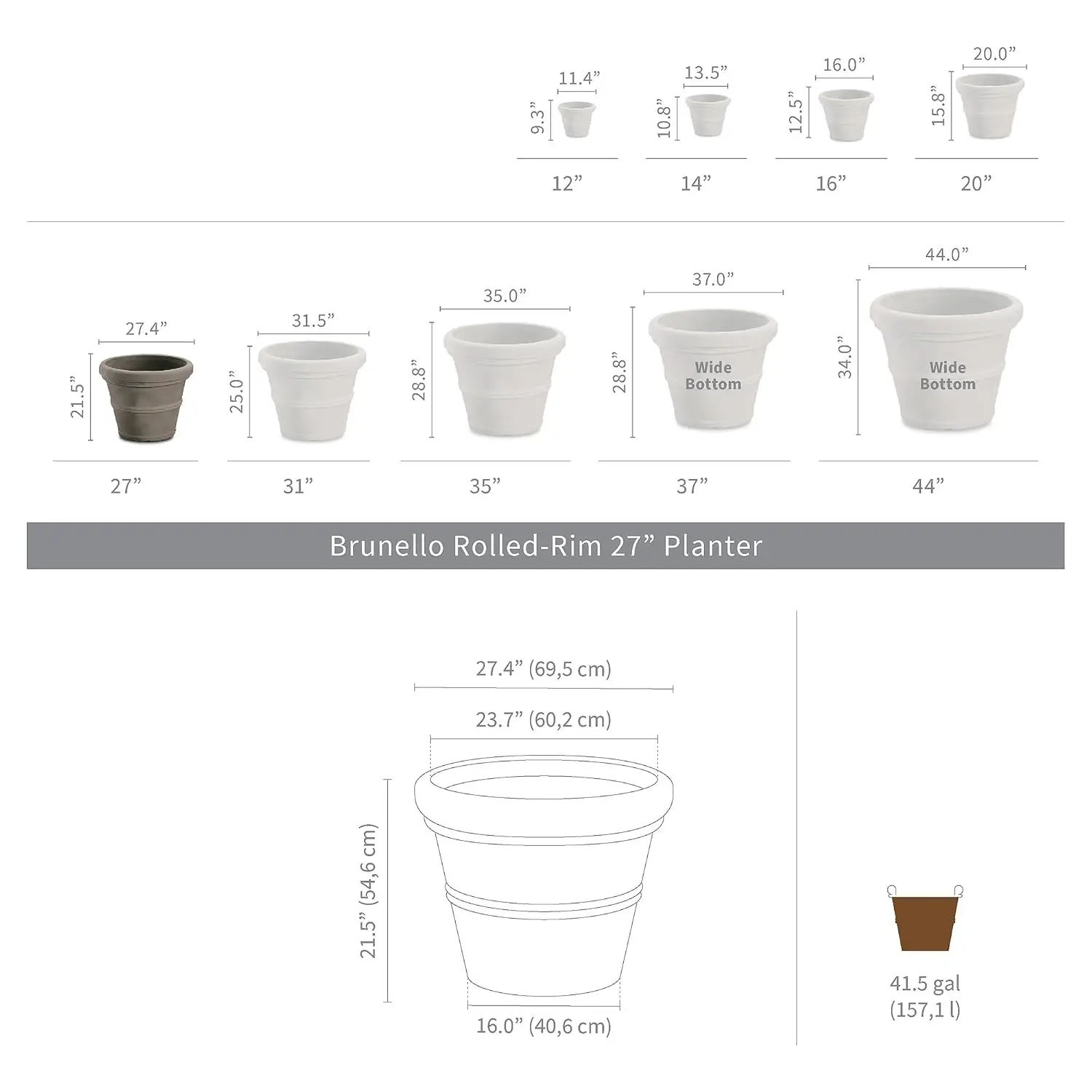 Brunello Classic Rolled Rim Planter Pot, Indoor/Outdoor Plastic Round Plant Pot, Resin Large UV-Resistant Flower Pot, Frostpro