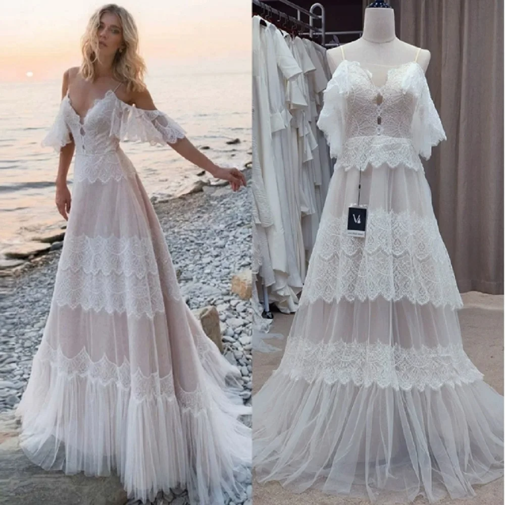 

Customized ZJ4060 2024 Modest Brush Train Wedding Dresses Brides Gown Tiered Appliques Backless Sposa Vestidos Bridal Party