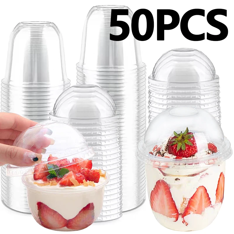 Taza de plástico transparente desechable con tapas, tazas de postre para ensalada de jugo con tapas de cúpula, helado, cumpleaños, boda, utensilios para acampar, 50 Uds.
