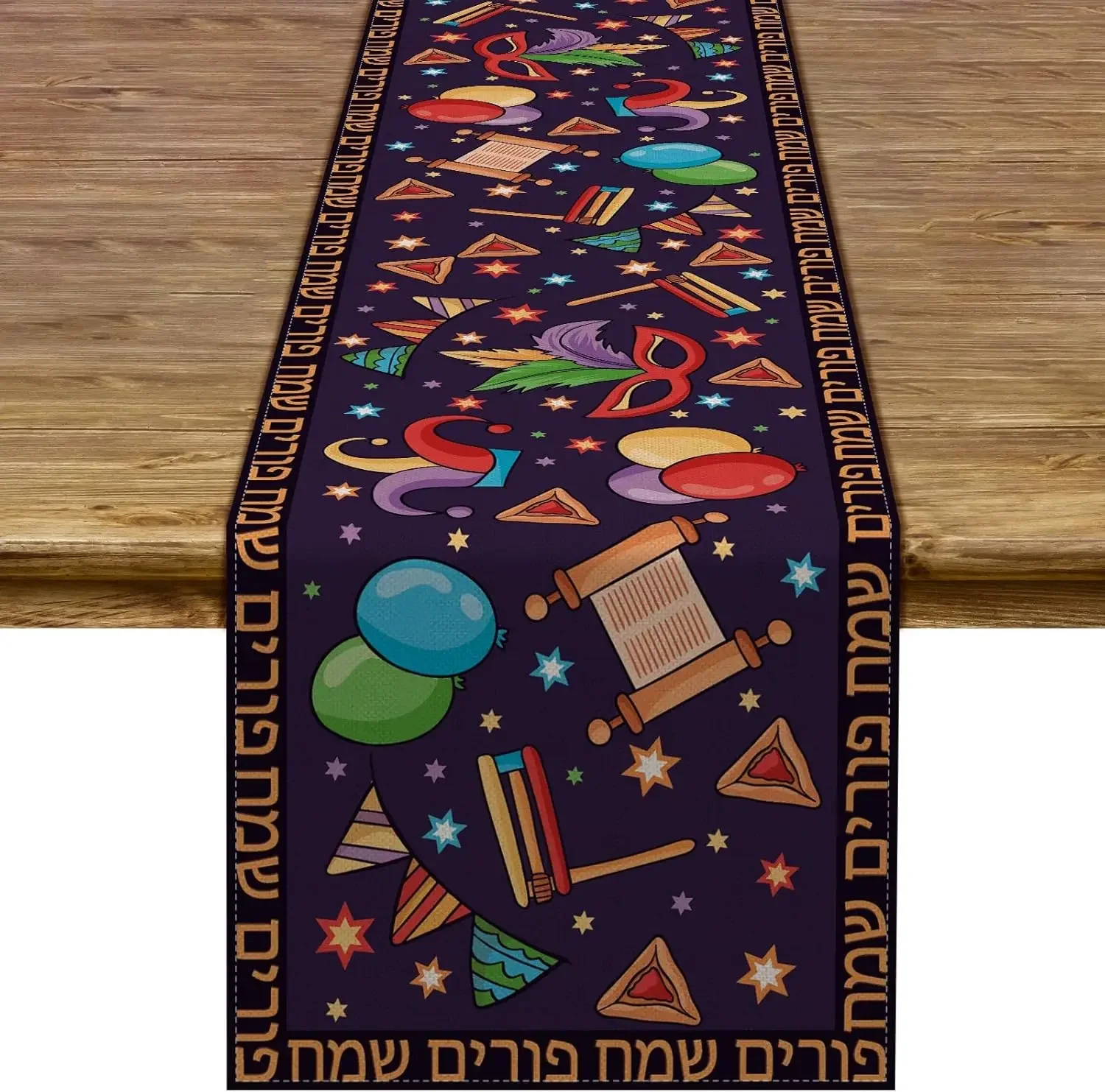 Happy Purim Linen Table Runner Jewish Holiday Carnival Party Decor Reusable Kitchen Dining Table Runner for Birthday Table Decor