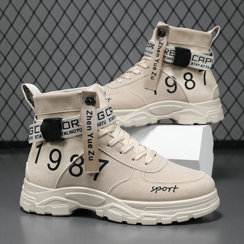 Men's Solid Color High-Top Fashionable Versatile Outdoor Hiking Shoes, Comfortable Non-Slip Casual Sports Boots
