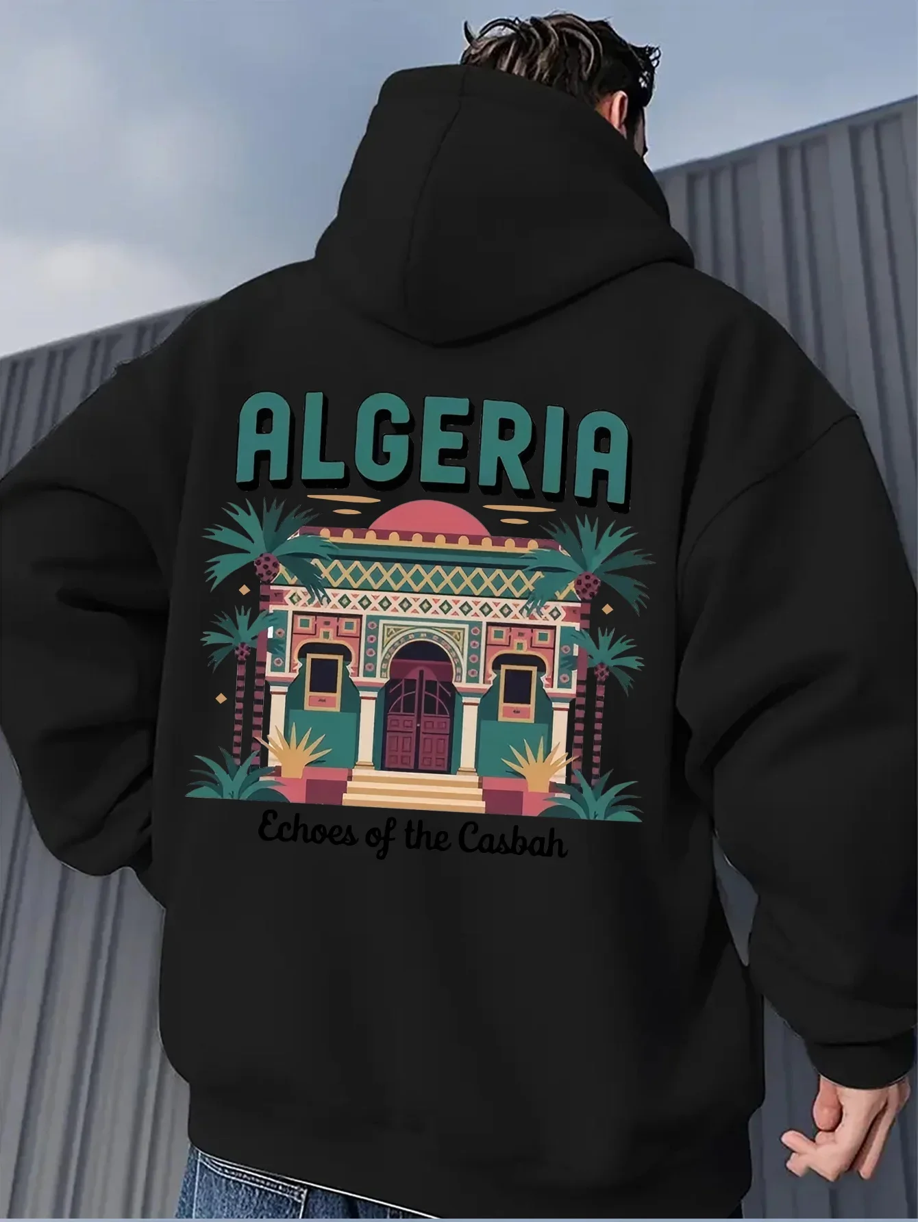 Men Algeria Casbah Sports Hoodie Palm Tree Traditional Building Print Oversized Pullover Streetwear Sweatshirt Autumn Winter