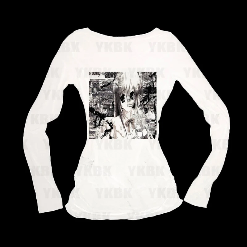 Harajuku النساء Y2K الشارع Harajuku موضة حار فتاة رداء علوي غير رسمي الصيف الرجعية القوطية الأبيض طباعة قميص الانمي فتاة حار ايمو