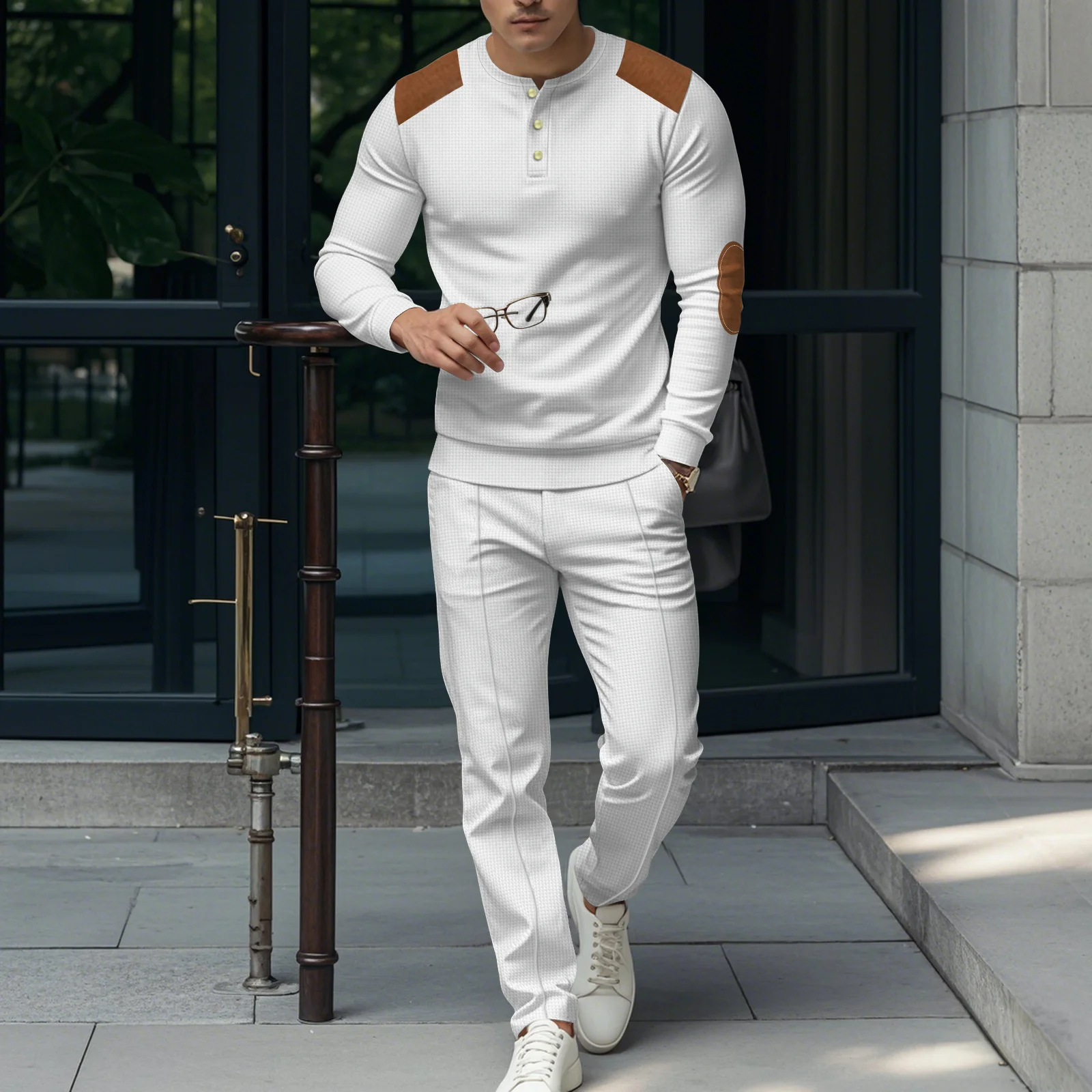 

New men's round-neck leather button-down long-sleeved top and Waffle casual trousers set