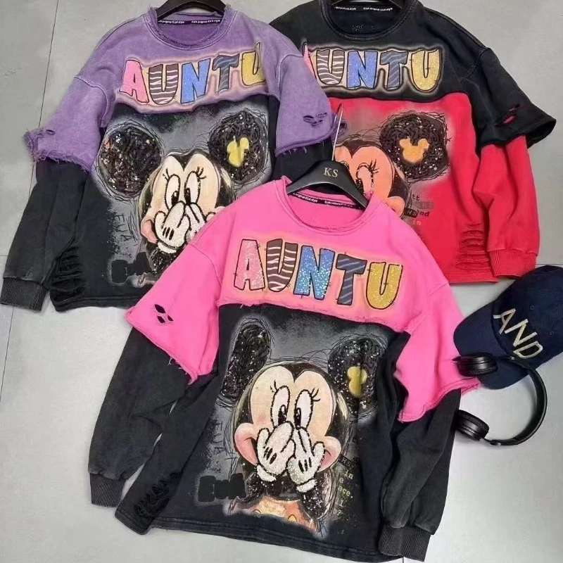 

Милый свитшот с изображением Микки Диснея, креативная индивидуальная модная футболка для девочек, свободная футболка с свободными кончиками, периферийный подарок в стиле аниме