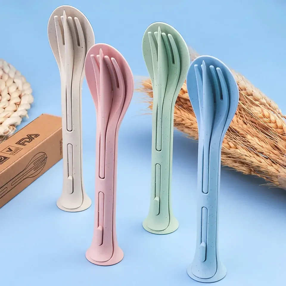 3PCS Portable Tableware Set Wheat Straw Dinnerware Detachable Cutlery Travel Tableware Picnic Dinnerware Set Camping Cutlery Set 