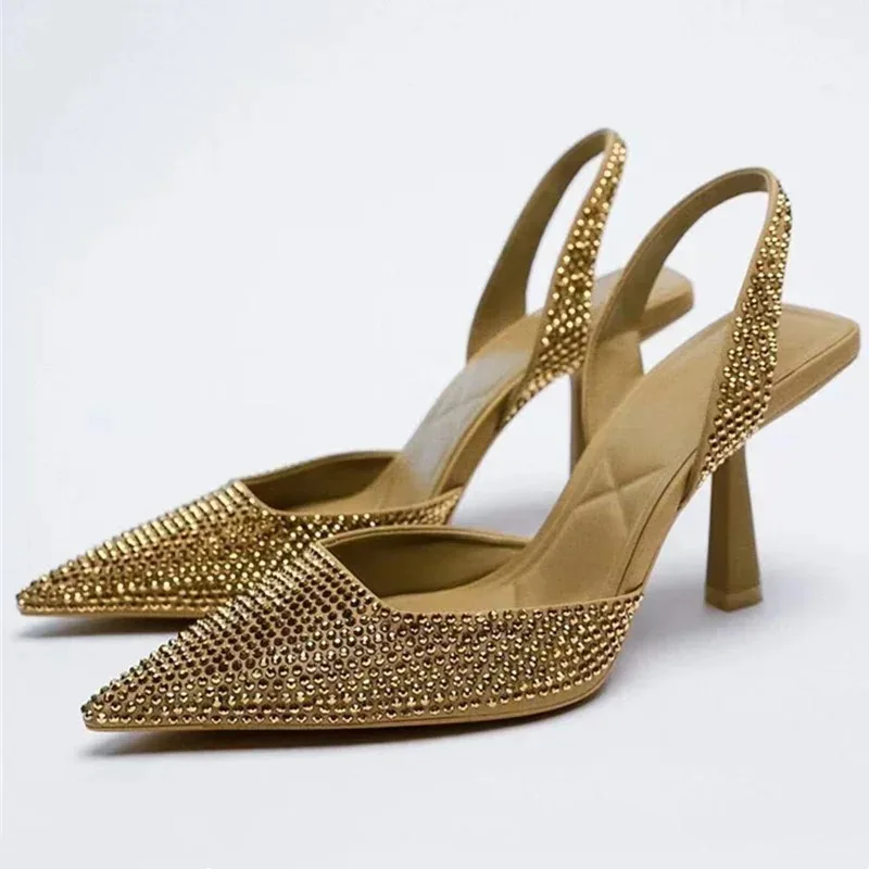

High Heel Pumps 2025 Summer New Brand Women's Sandals Fashion Crystal Buckle Slingback High Heels Party Elegant Gold Woman Shoes