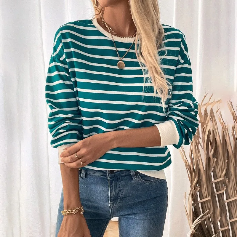 Fashion Green Striped Sweatshirt Women's Round Neck Pullover Long Sleeved T-shirt Loose Comfortable Autumn Versatile New Product