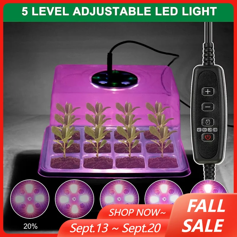 12 Cells Seed Starter Tray Box With LED Grow Light Nursery Pot Seedling Germination Planter 4 Timed & 5 Adjustable Brightness