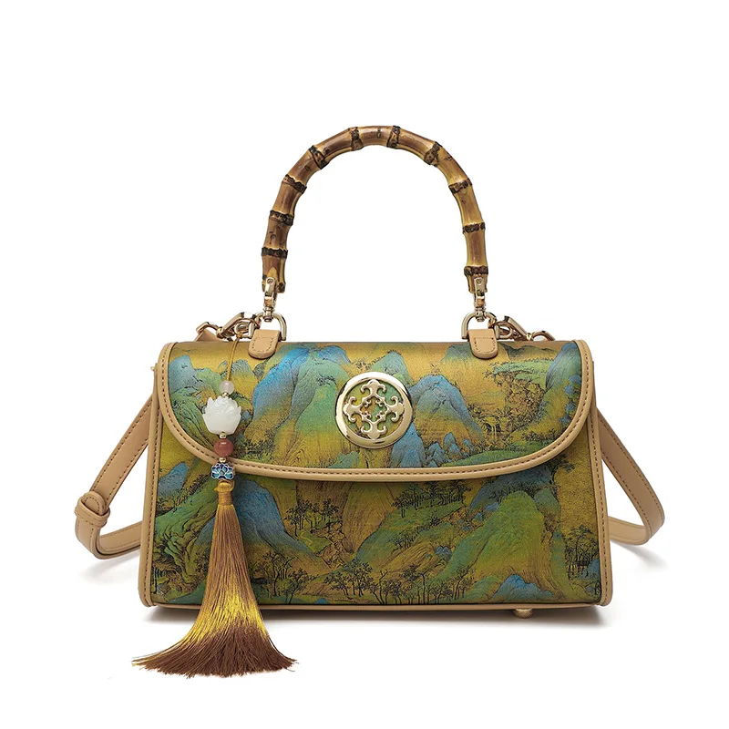 

New Fashion Bamboo Handheld Square Bag Large Capacity Embroidery Women Handbag High Quality Lady Purse Shoulder Messenger Bag