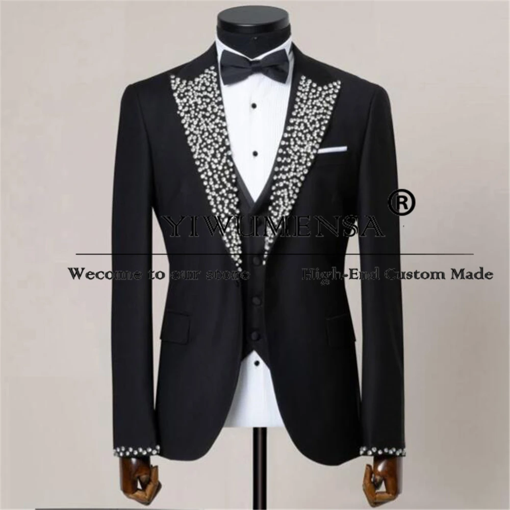 

Classic Black Business Suits Men Handmade Sliver Beaded Lapel Prom Blazer Tailored Formal Party Groom Wedding Tuxedos Man Dress