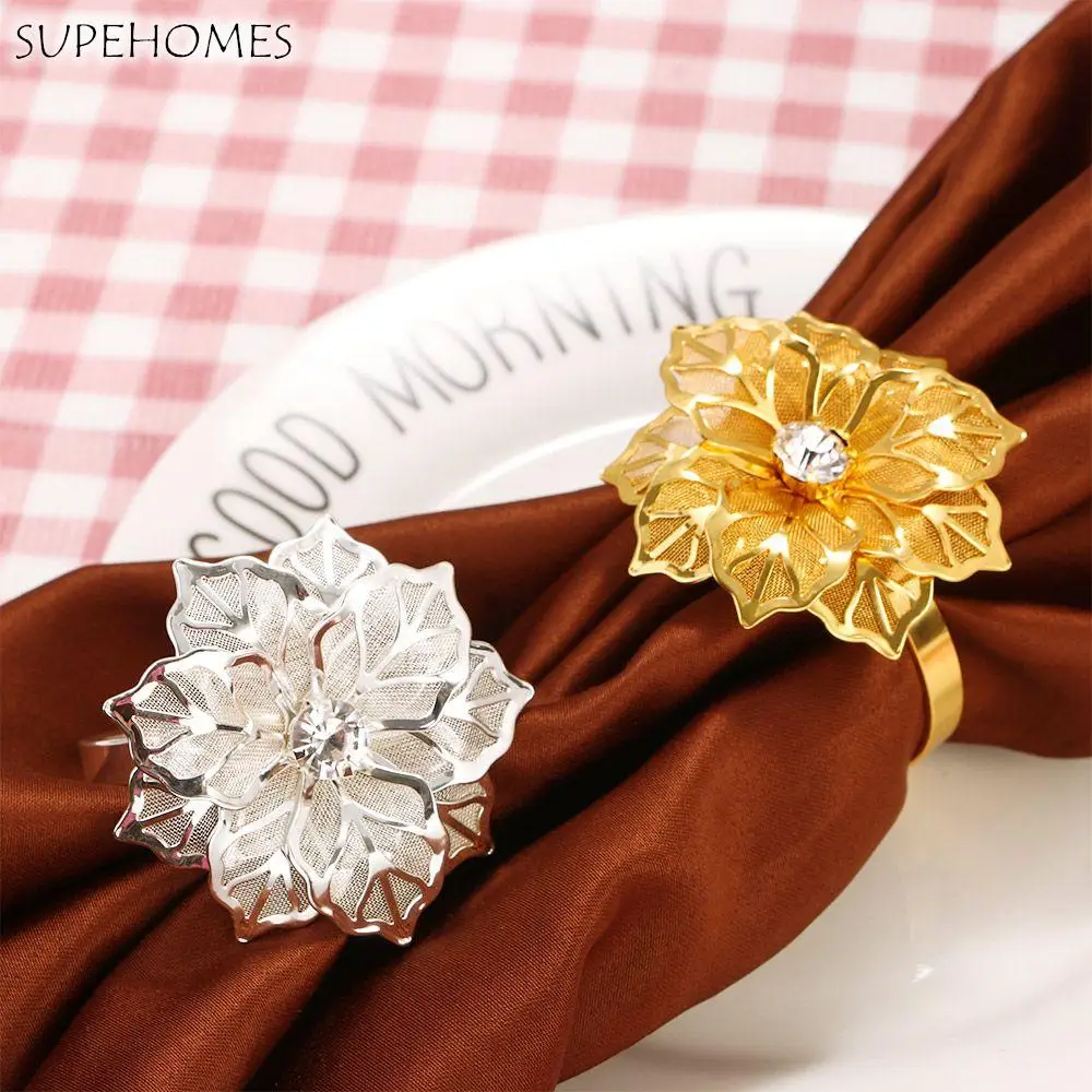 

6Pcs Napkin Ring Clasp Durable Openwork Flower Metal Napkin Ring Holder Floral Rhinestones for Wedding Party Table Decoration