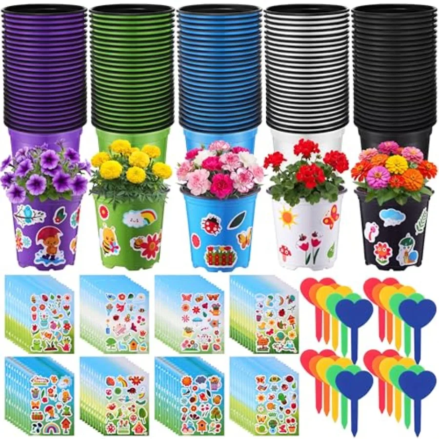 

150 Sets Garden Pot Craft Kit Bulk DIY Flower Planting Kit Including Plastic Nursery Pots Labels and Stickers for Flower Planti