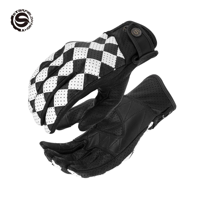 SFK Black&White Retro Leather Motorcycle Gloves Chessboard Design Full Finger Outdoor Breathable Motocross Riding Race Guantes