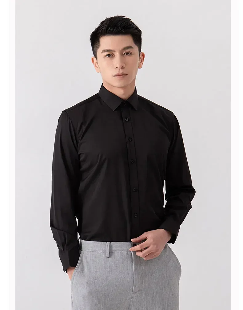 

Новая мужская рубашка с длинным рукавом, эластичная деловая облегающая рубашка без глажки с длинным рукавом, высококачественные однотонные мужские повседневные рубашки