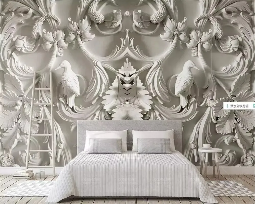Customized Size 3d Wallpaper White Simple Relief Gypsum Flower and Bird Pattern Mural Home Decoration 3D Hanging Painting